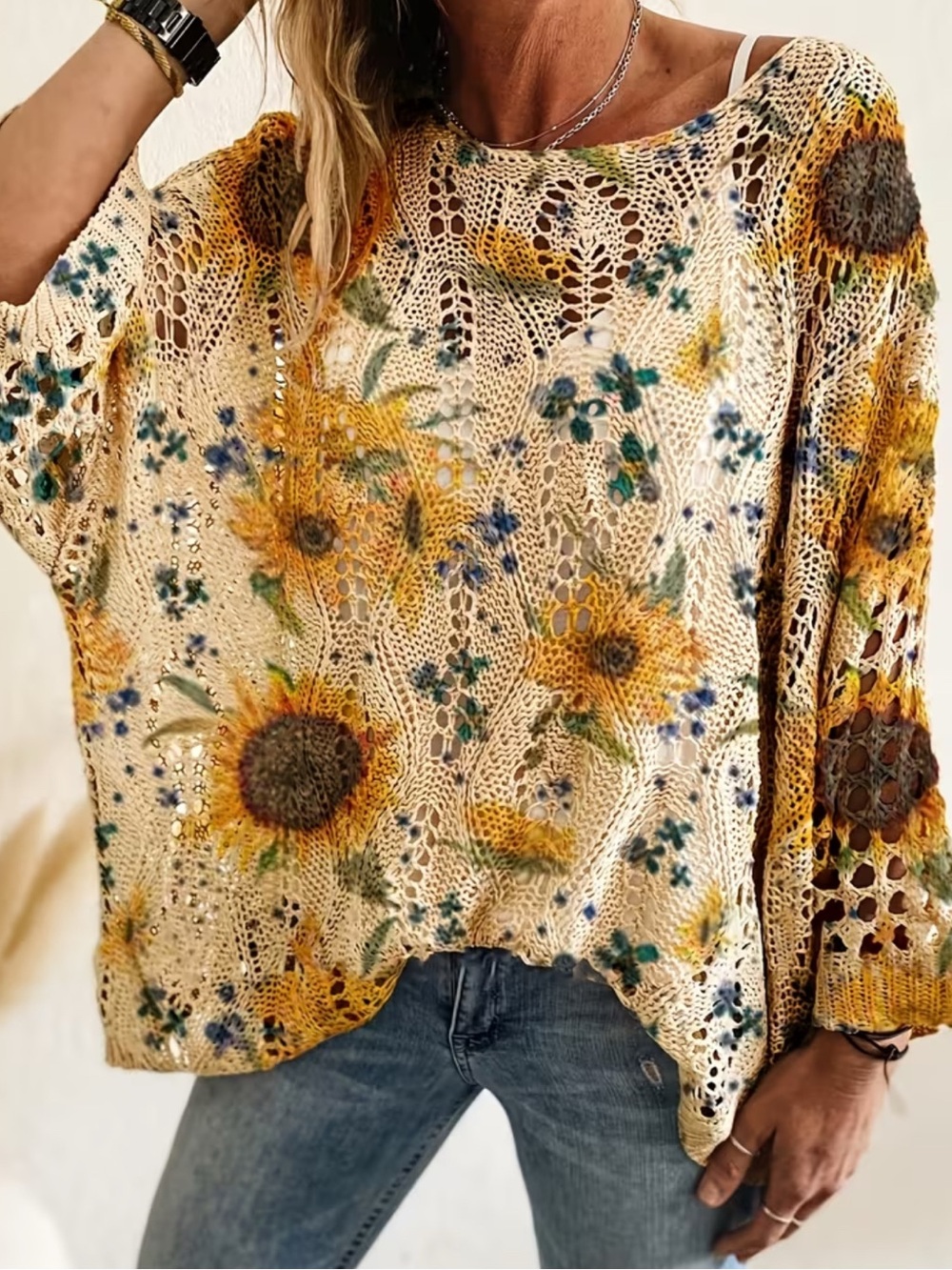 Sunflower Floral Open Knit Lightweight Sweater Coastal Boho Cottagecore